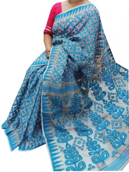 Sky blue dhakai jamdani high quality saree